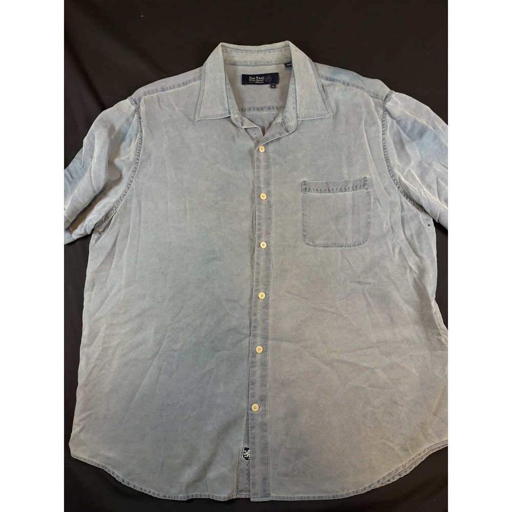 Nat Nast Luxary Blue Denim Look Men's Button Up SS Shirt, XL
